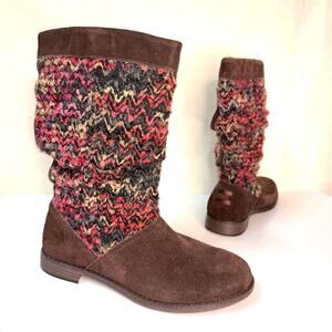 TOMS Serra Knit Suede Boots Women Size‎ 7.5 Slouchy Sweater Brown Leather Boho